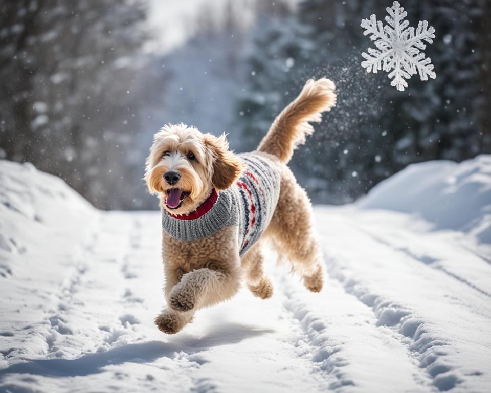 Labradoodle playing in snow