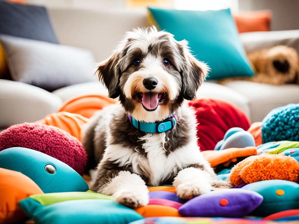 Aussiedoodle playing with interactive toy
