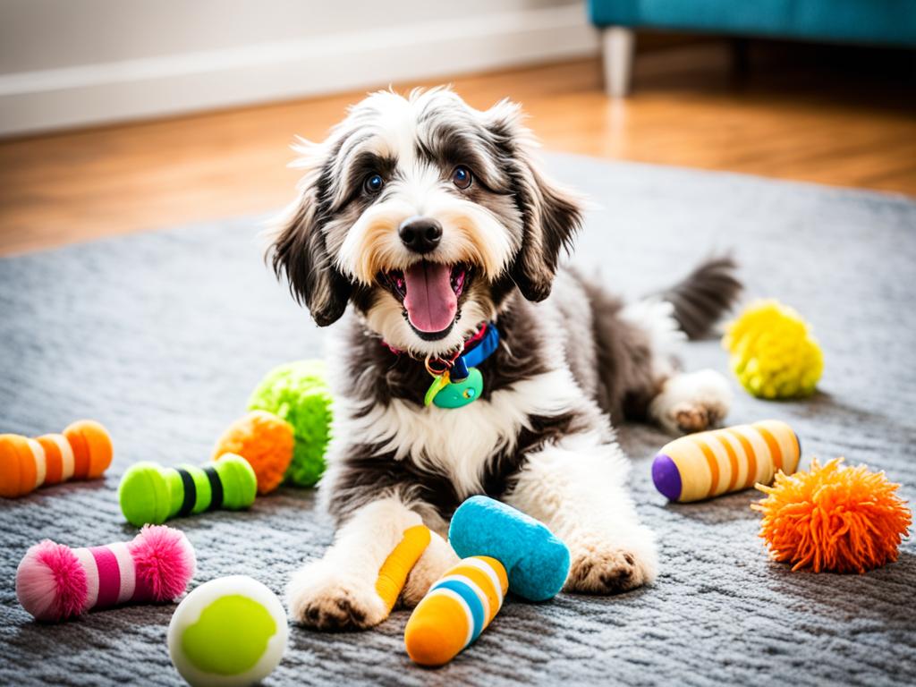 Aussiedoodle playing with plush and squeaky toy