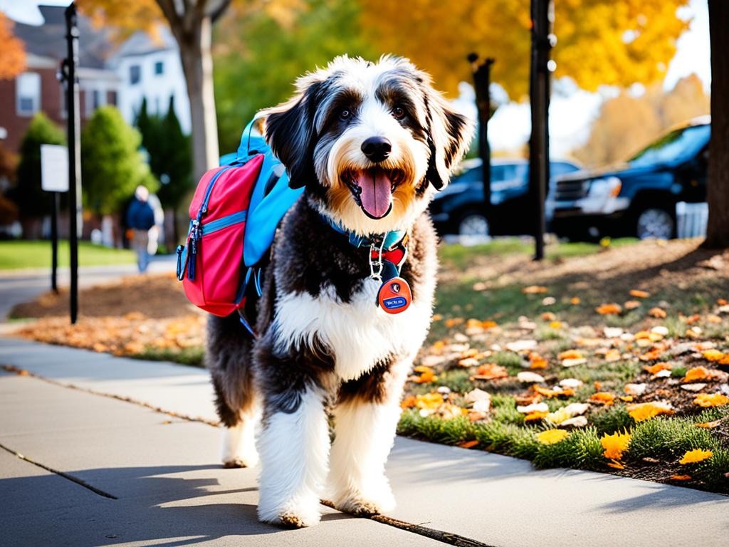 Aussiedoodle with a backpack