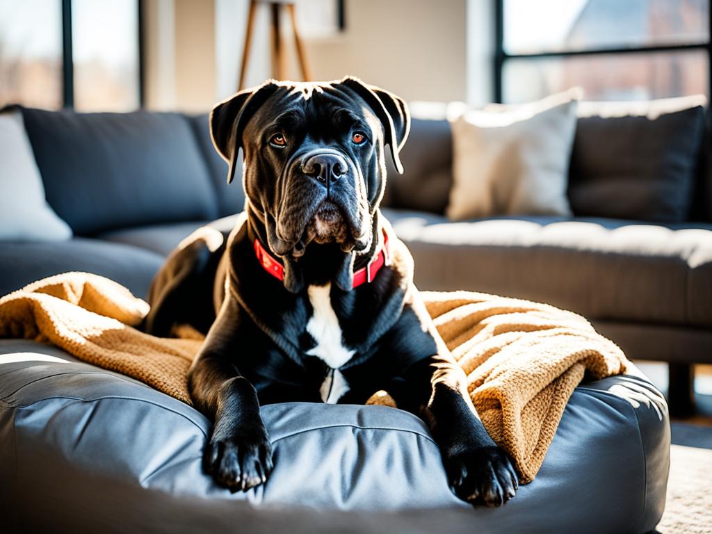 Cane Corso resting in a well-designed apartment space